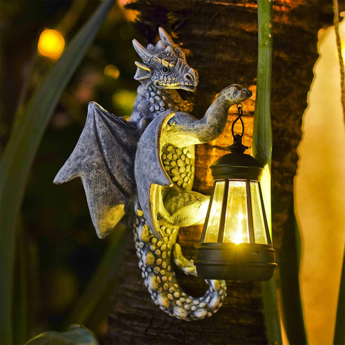 Solar Drachenfigur Harz wetterfest mit LED-Solarleuchte Gartendeko