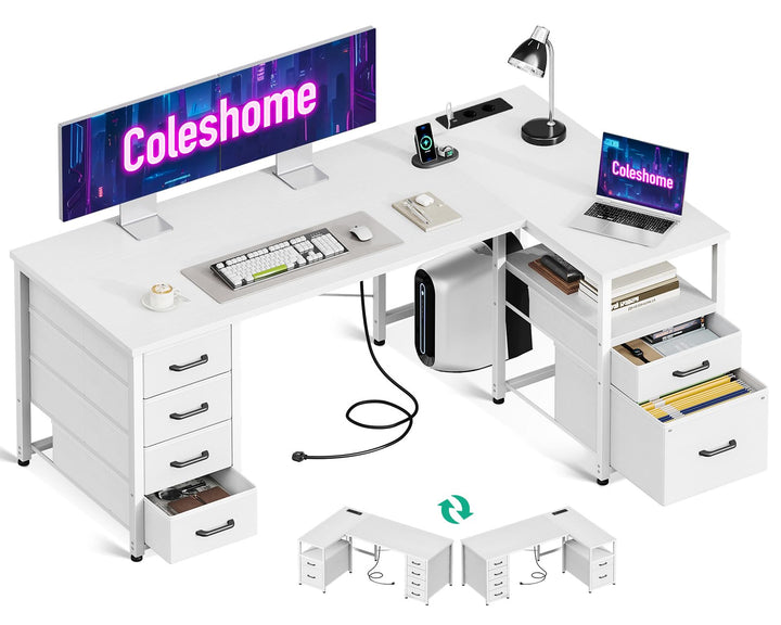 Eckschreibtisch 140x80 cm mit Steckdose und 6 Schubladen, Weiss