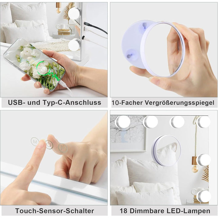 Schminkspiegel mit Beleuchtung 80x60 cm 18 LED 3 Lichtfarben Touch - Bild 7