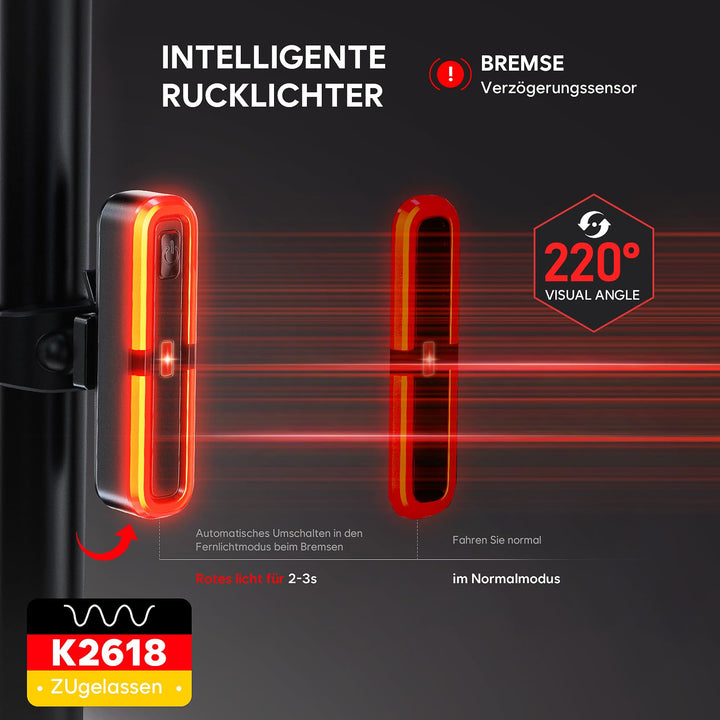 Fahrradlicht Set StVZO 100 Lux Fernlicht &amp; Bremslicht USB-C aufladbar - Bild 3