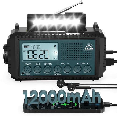 Notfallradio mit Kurbel & Solar 12000mAh AM/FM/KW IPX6