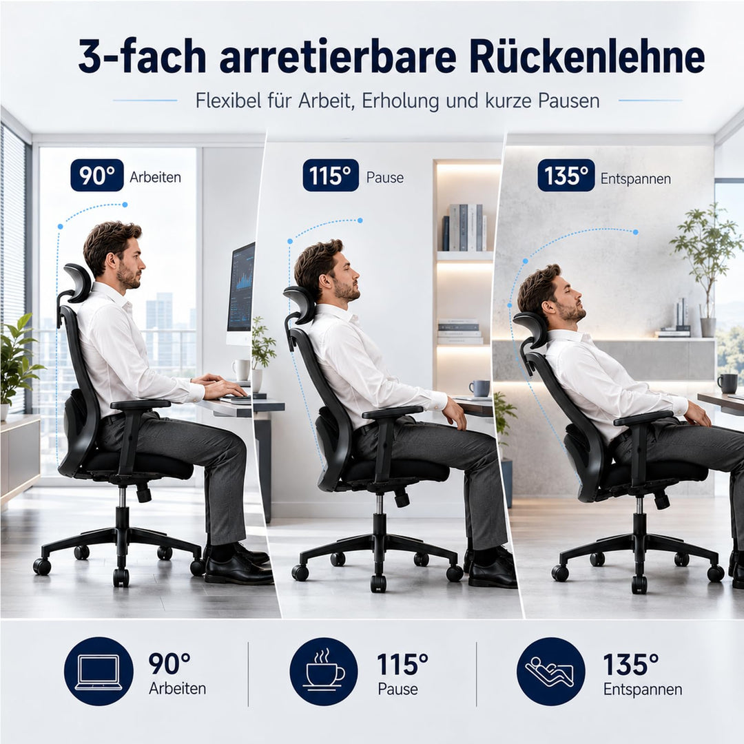 Bürostuhl ergonomisch Netz 4D-Lendenstütze Kopfstütze bis 150 kg - Bild 8