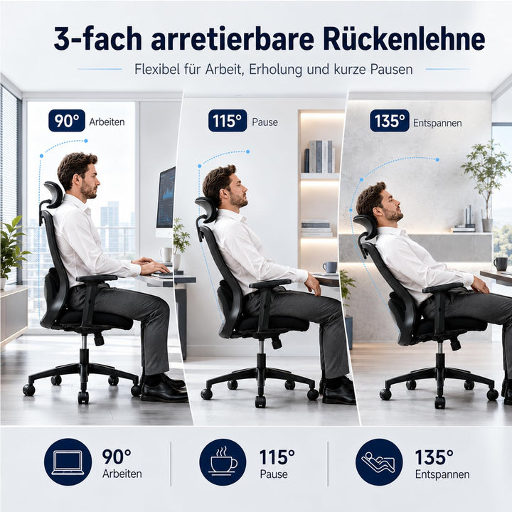 Bürostuhl ergonomisch Netz 4D-Lendenstütze Kopfstütze bis 150 kg - Bild 8