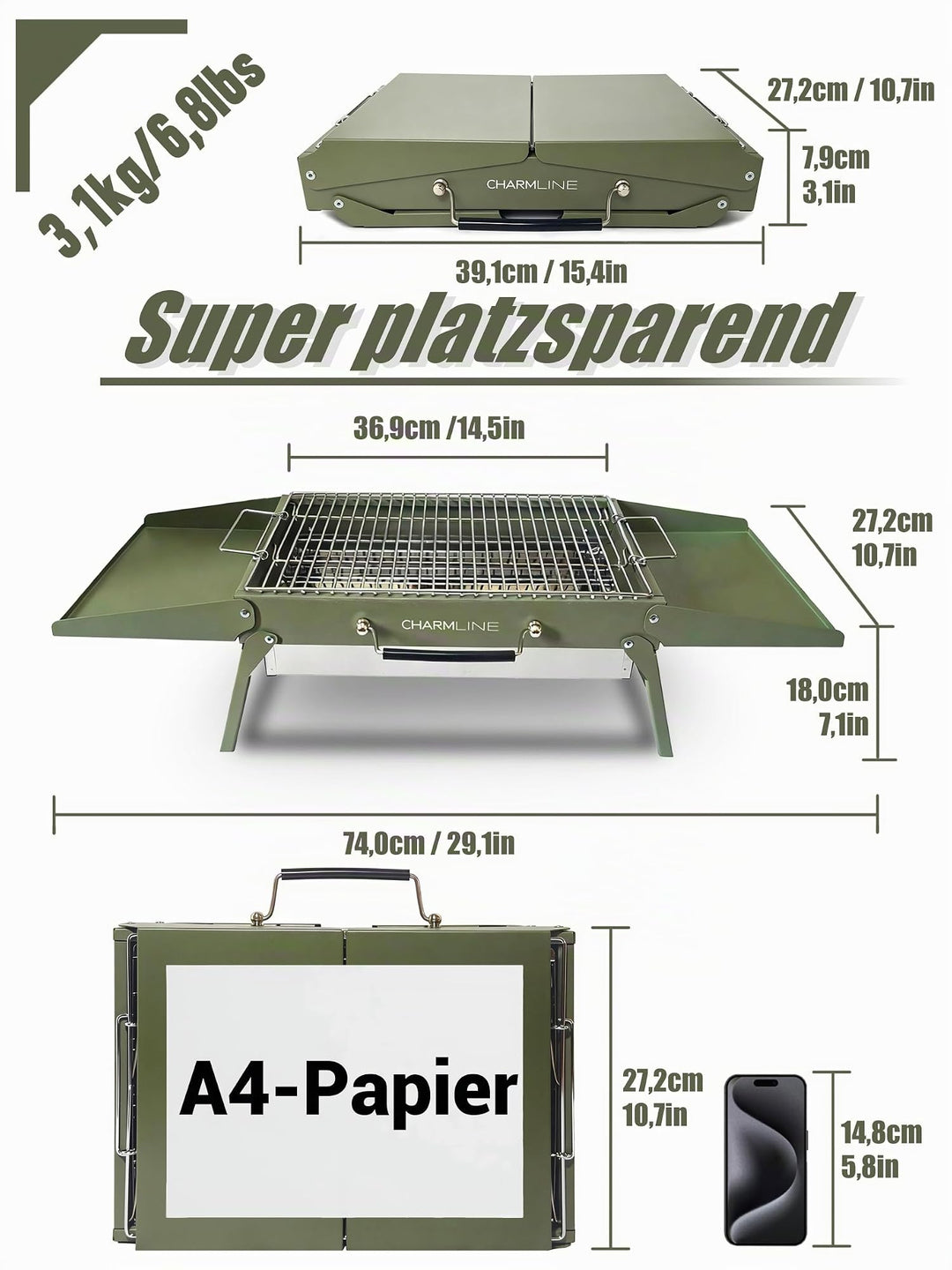 Klappbarer Holzkohlegrill 39x27 cm für Camping Balkon Picknick - Bild 2