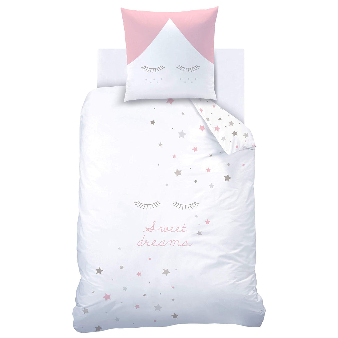 Kinderbettwäsche Sterne &amp; Wimpern 135x200 rosa Baumwolle