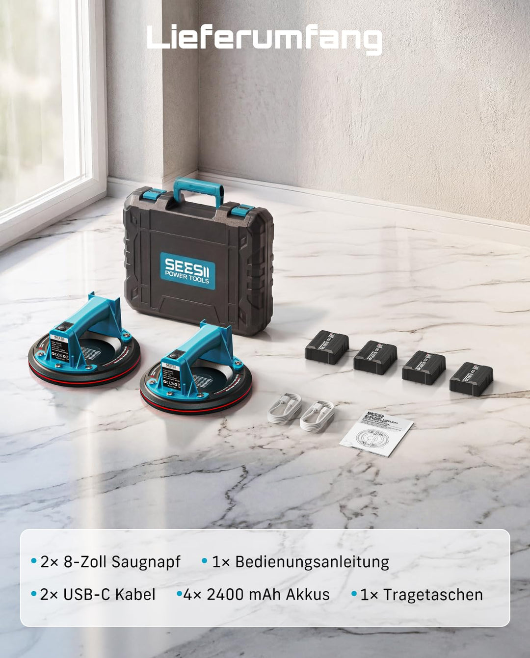 Akku-Vakuumsaugheber 2er-Set 272 kg Tragkraft mit LCD für Fliesen - Bild 9