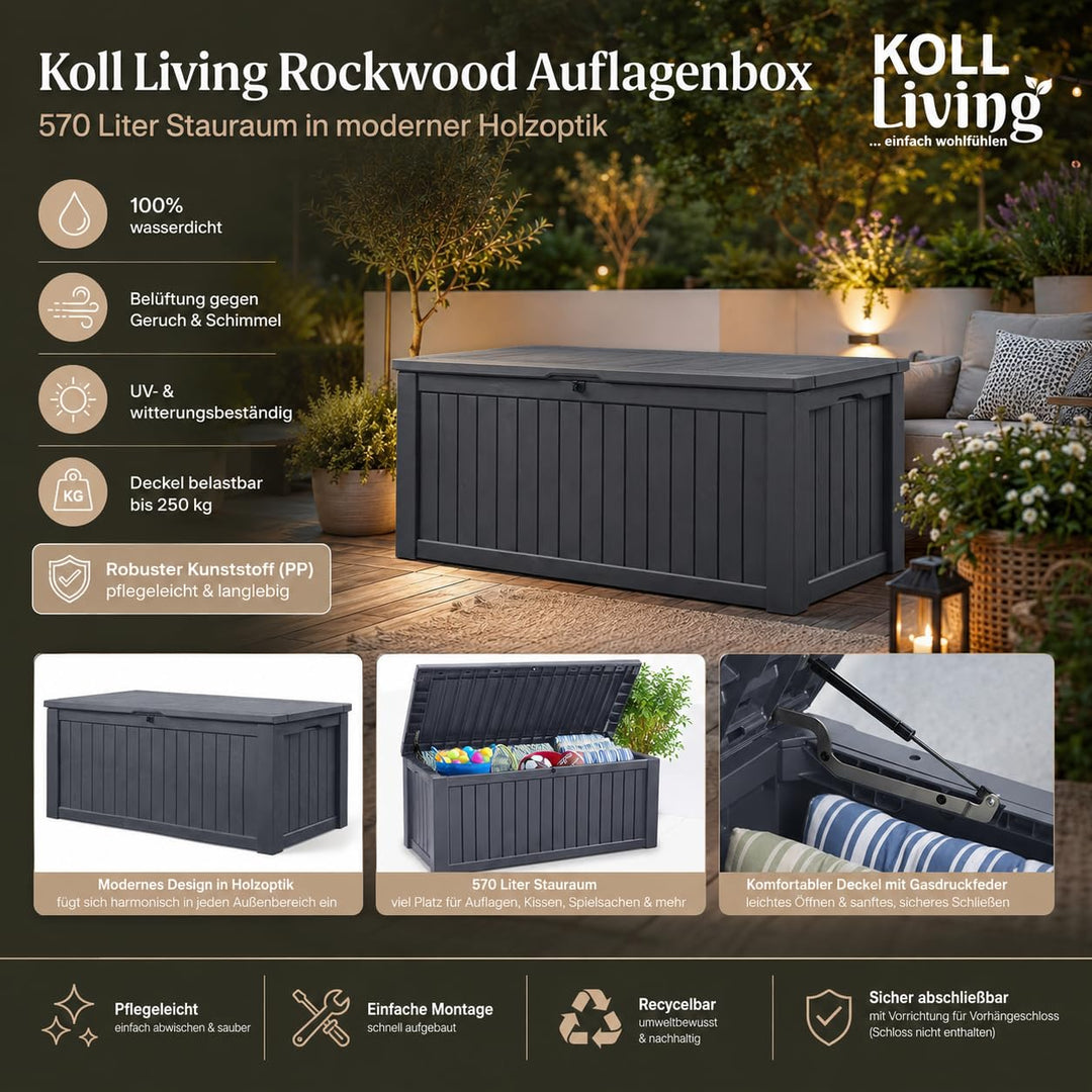 Auflagenbox 570 Liter Holzoptik Anthrazit Wasserdicht für Garten - Bild 2