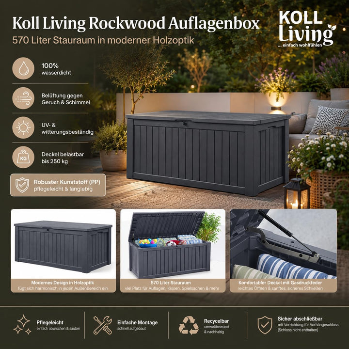 Auflagenbox 570 Liter Holzoptik Anthrazit Wasserdicht für Garten - Bild 2