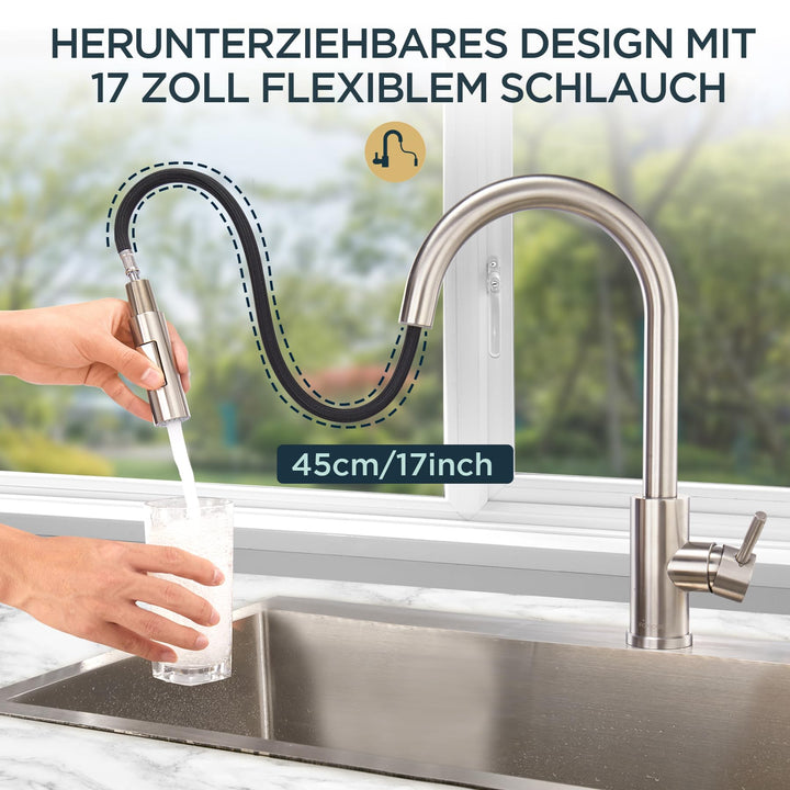 Küchenarmatur Edelstahl Hochbogen 360° schwenkbar mit Pulldown-Brause - Bild 2