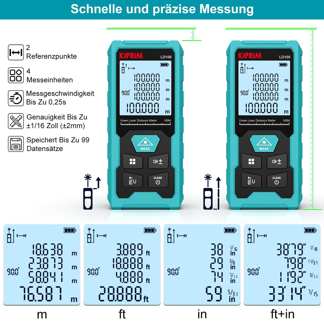 Laser-Entfernungsmesser Grün 100m 10-in-1 mit USB-C Akku IP54 - Bild 5
