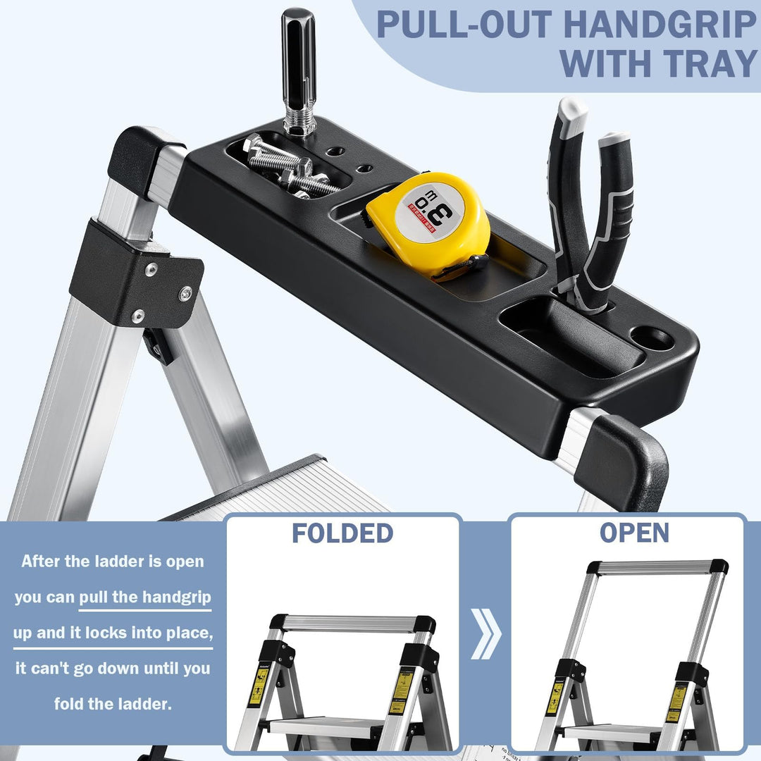 Trittleiter 3 Stufen klappbar Aluminium mit ausziehbarem Handlauf - Bild 2