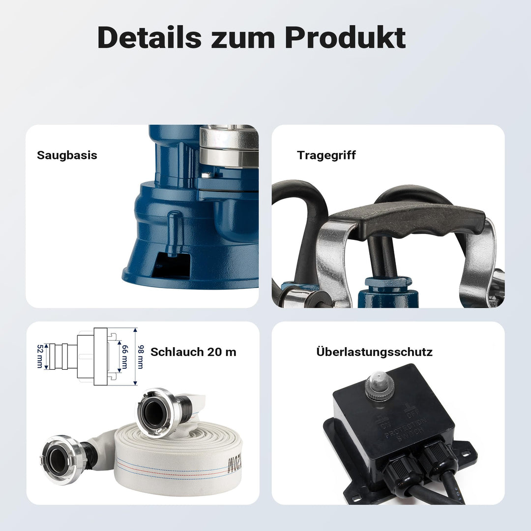 Schmutzwasserpumpe 1500W 36000l/h mit Schwimmerschalter und 20m Schlauch - Bild 6