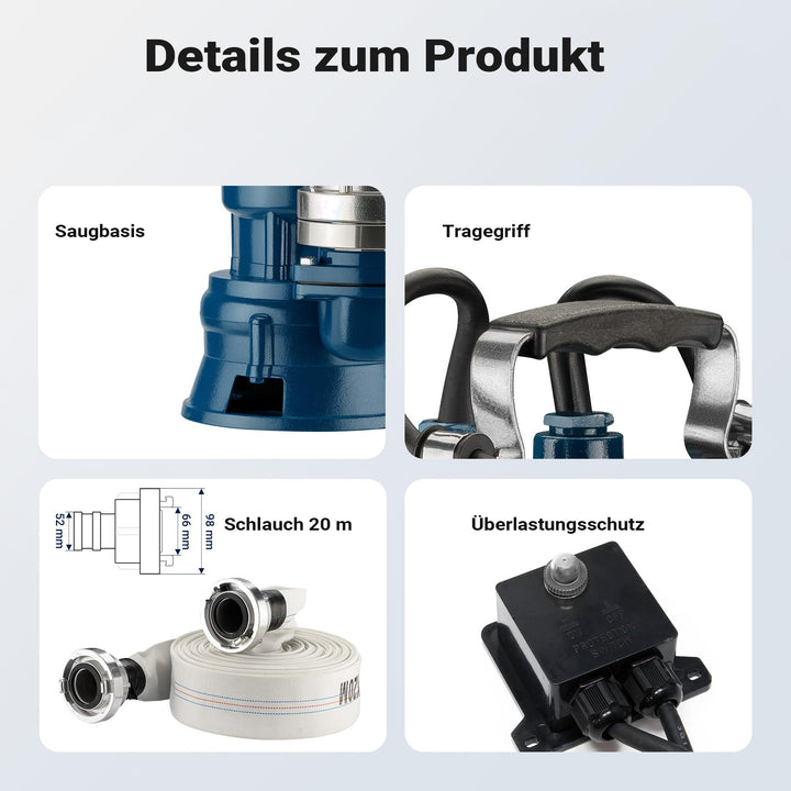Schmutzwasserpumpe 1500W 36000l/h mit Schwimmerschalter und 20m Schlauch - Bild 6