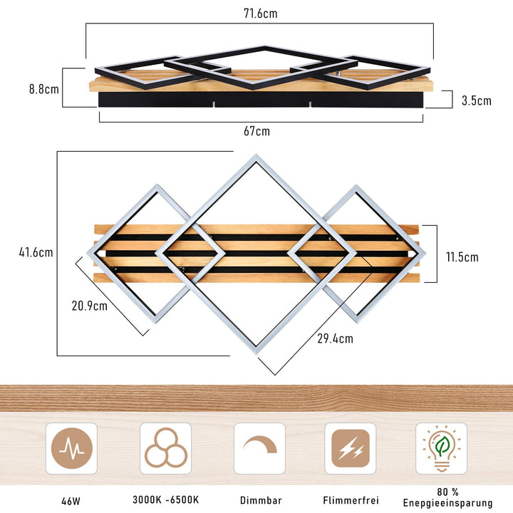 Deckenleuchte Holz 70cm dimmbar mit Fernbedienung 46W