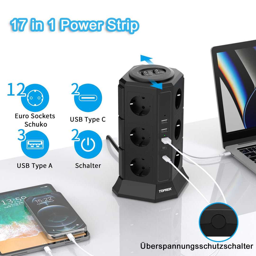 Turmsteckdose 17-in-1 mit USB-C, 12 Steckdosen, Überspannungsschutz - Bild 2