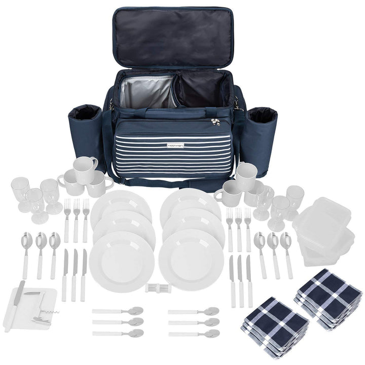 Picknickkorb Tasche XXL 57-teilig für 6 Personen Blau-Weiss - Bild 2