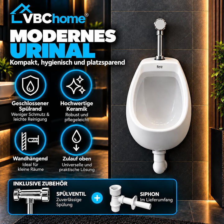 Wand-Urinal Keramik Mini mit Druckspüler und Siphon Weiß - Bild 3