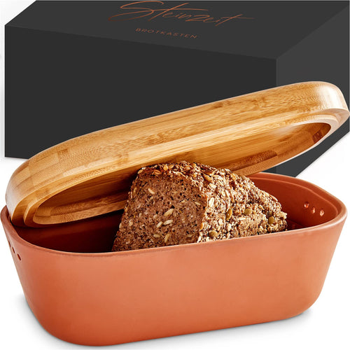 Brotkasten Keramik mit Bambusdeckel aus Terrakotta, 31x20x14 cm