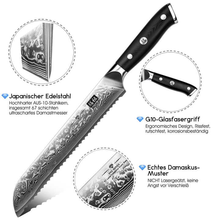 Damastmesser Brotmesser 20cm Wellenschliff 67 Lagen G10-Griff - Bild 2