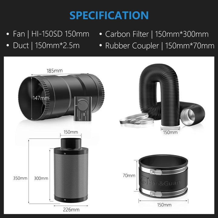 Rohrventilator-Set 150mm 587m³/h mit Aktivkohlefilter für Growzelt - Bild 3