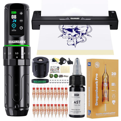 Tattoo Maschine Set Kabellos 7 Hublängen mit Schablonendrucker