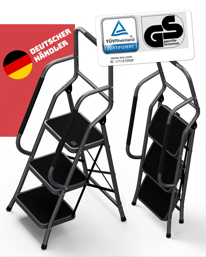 Trittleiter 3 Stufen klappbar mit Handlauf TÜV 150 kg Anthrazit