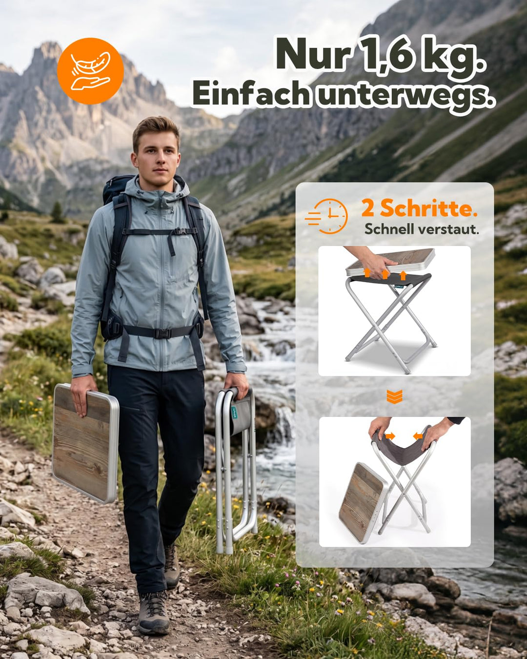 Campinghocker faltbar 2-in-1 mit MDF-Tischplatte Aluminium 100 kg - Bild 6