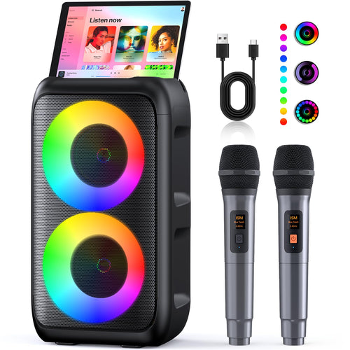 Karaoke Maschine 2x15W mit 2 kabellosen Mikrofonen 10h Akku