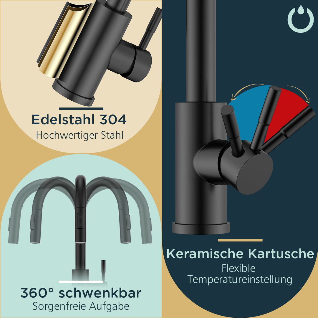 Küchenarmatur Schwenkauslauf Pulldown-Brause Matt Schwarz - Bild 7