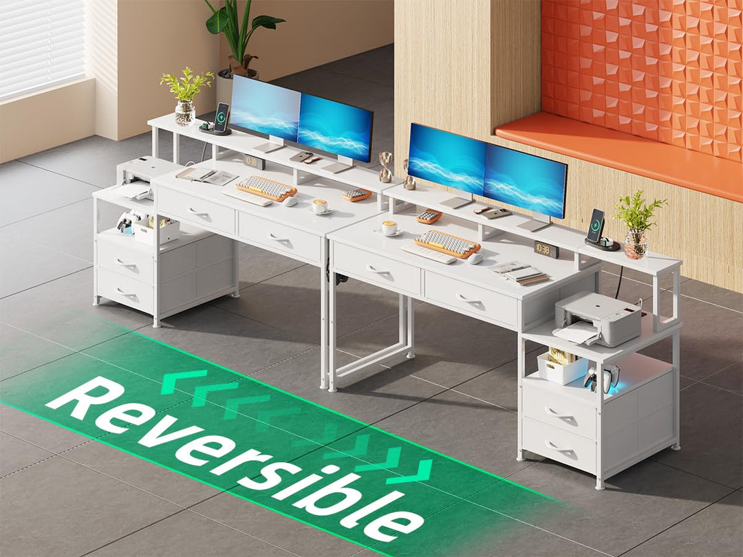 Schreibtisch mit Schubladen, LED, Steckdose &amp; Monitoraufsatz, Weiss