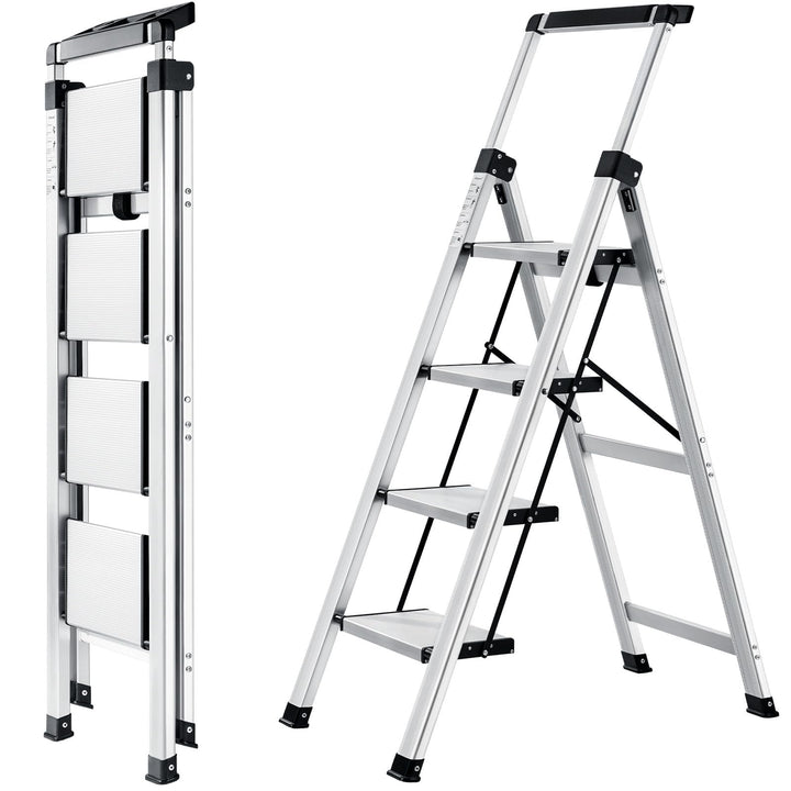 Trittleiter 4 Stufen klappbar Aluminium mit ausziehbarem Handlauf