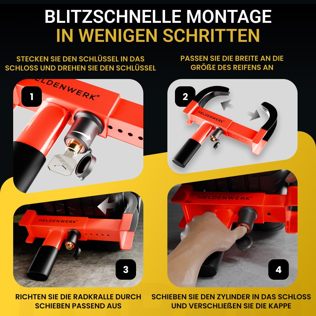 Parkkralle Radkralle Hartstahl verstellbar 18-30 cm mit 3 Schlüsseln - Bild 4