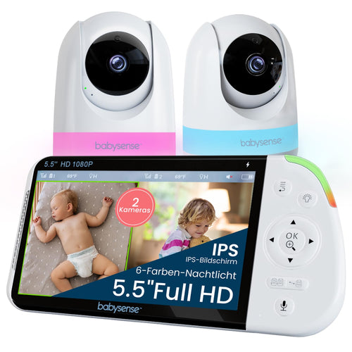 Babyphone Full HD Split-Screen mit 2 Kameras, 20h Akku, WLAN-frei