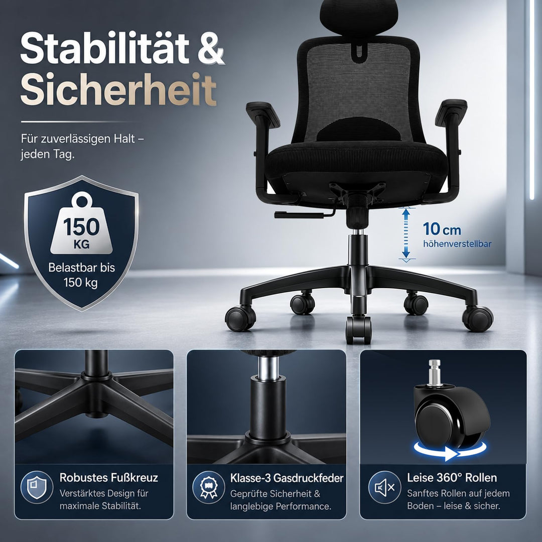 Bürostuhl ergonomisch Netz 4D-Lendenstütze Kopfstütze bis 150 kg - Bild 6