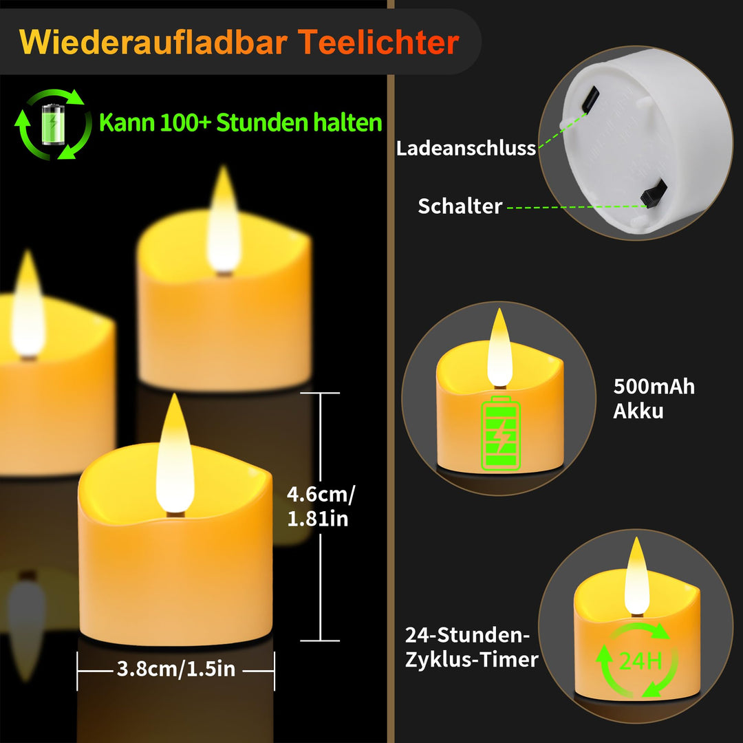 LED Teelichter wiederaufladbar 12er-Set mit Fernbedienung &amp; Timer - Bild 2