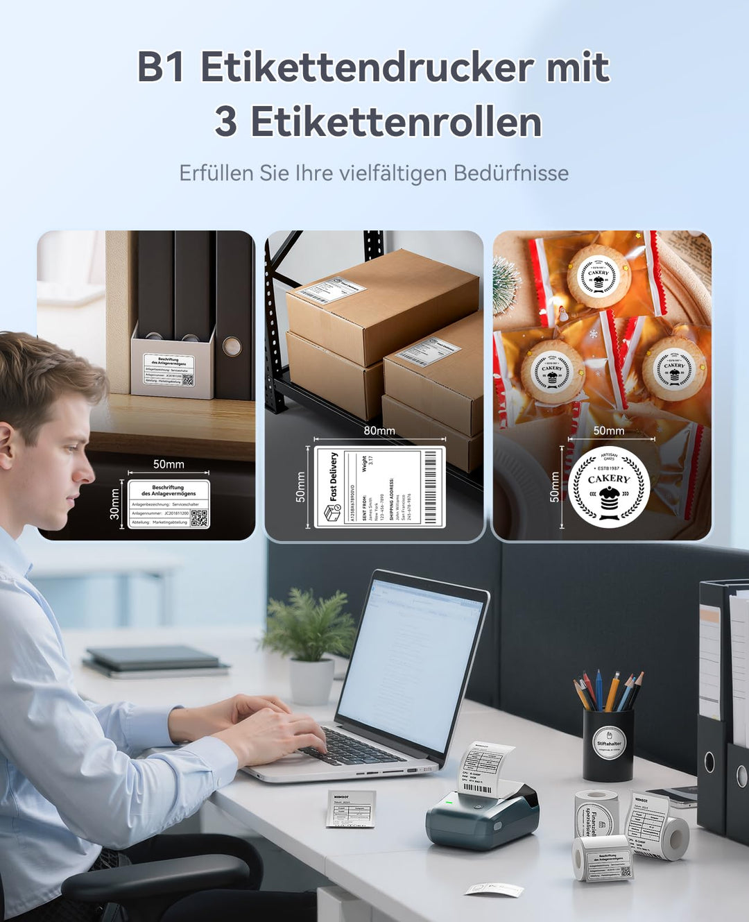 Etikettendrucker Thermodruck Bluetooth 50mm mit 3 Rollen wasserfest - Bild 2