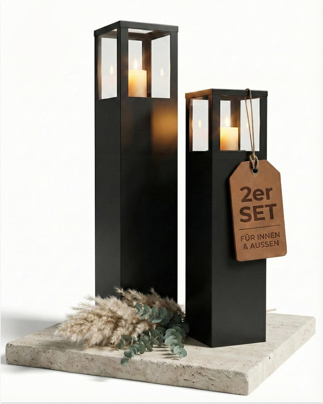 Windlichtsäule Anthrazit Rostoptik 2er Set 95cm + 75cm Garten