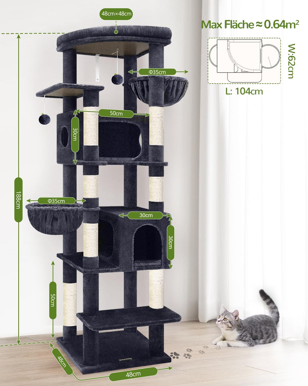 Eck-Kratzbaum XXL 188 cm für grosse Katzen mit 2 Katzenhäusern - Bild 2