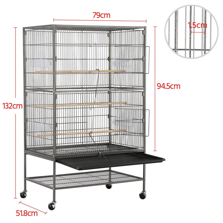 Vogelvoliere Stahl 52x79x132 cm mit 4 Rollen und 2 Türen - Bild 3