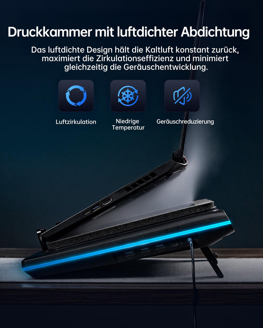 Laptop Kühlpad 15–19 Zoll mit Turbolüfter, RGB und 3x USB 3.0 - Bild 4