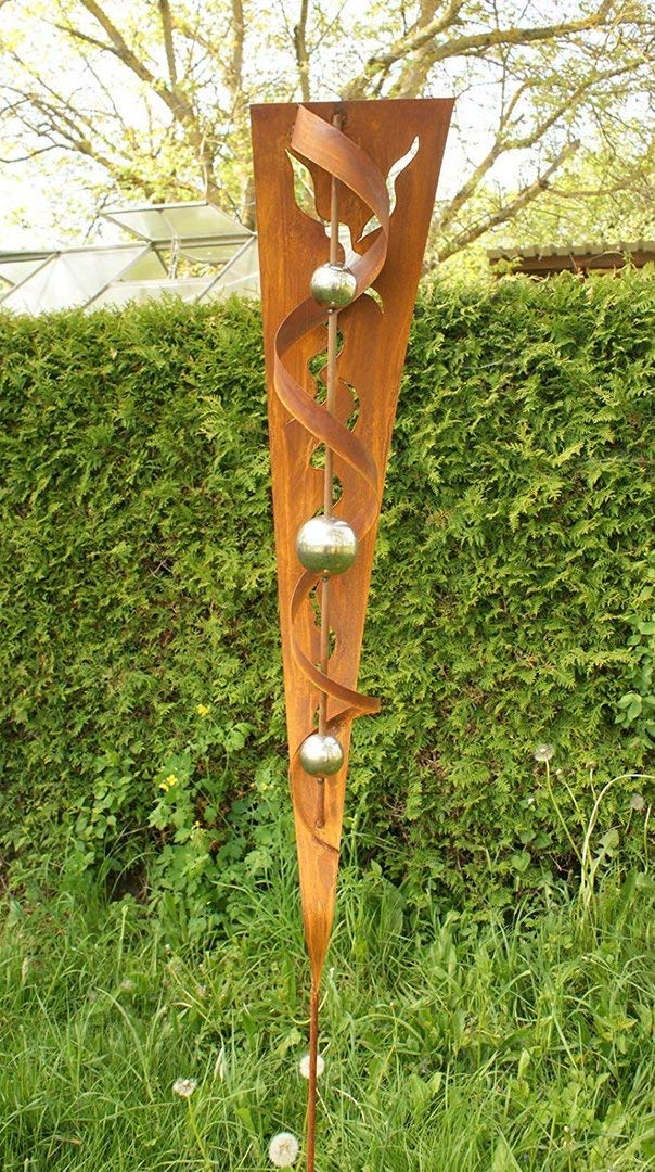 Gartenstecker Rost Eisen mit 3 Edelstahlkugeln 200 cm Blattdesign - Bild 3