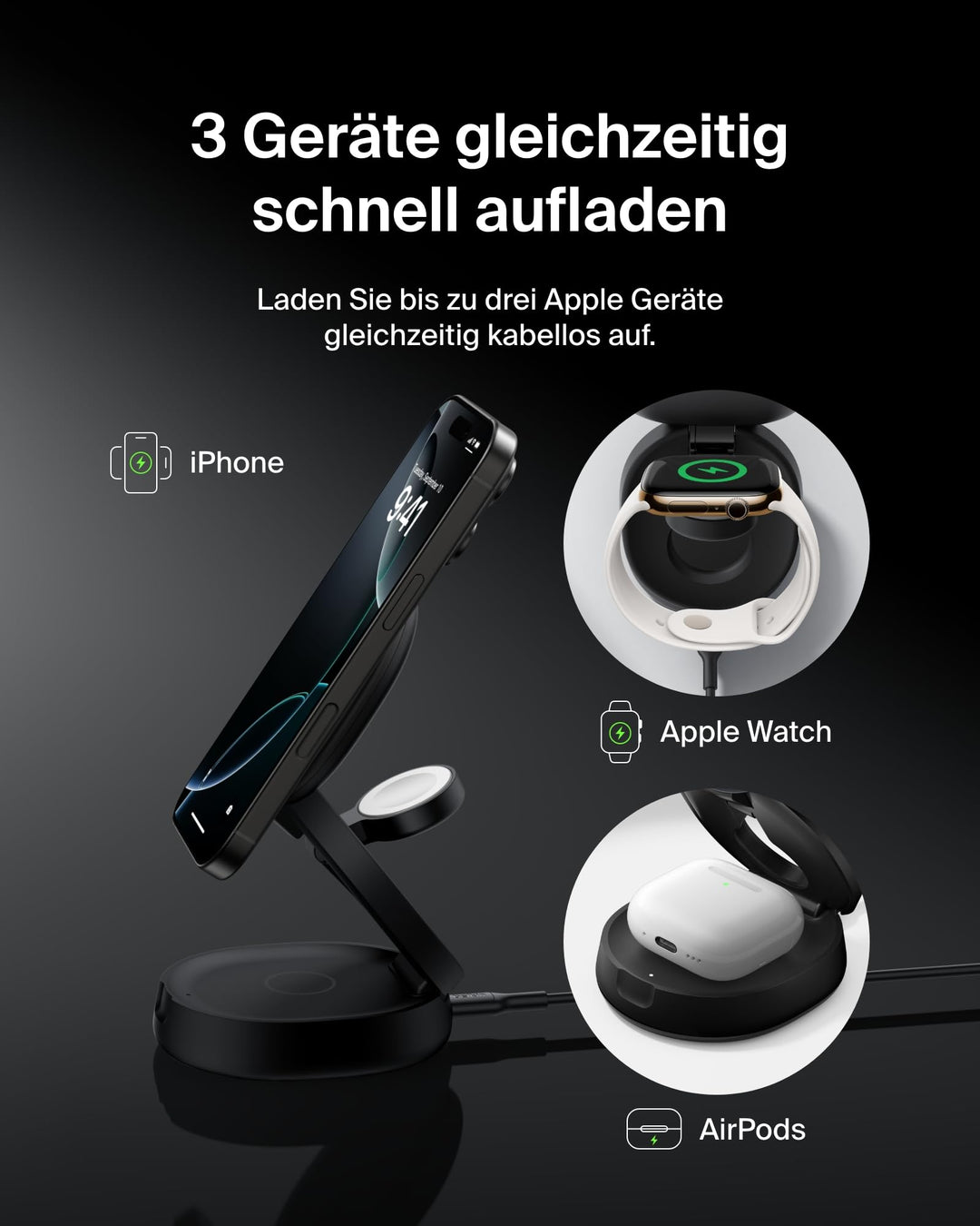 3-in-1 Qi2 Ladestation verstellbar 15W für iPhone Apple Watch AirPods - Bild 2