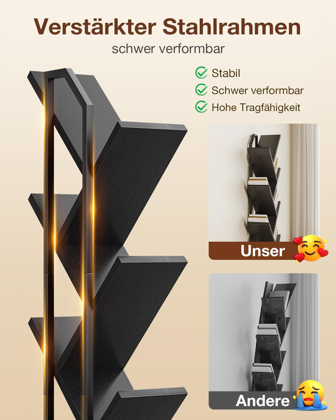 Standregal Baumform 6 Ebenen 110cm Holz und Metall Schwarz