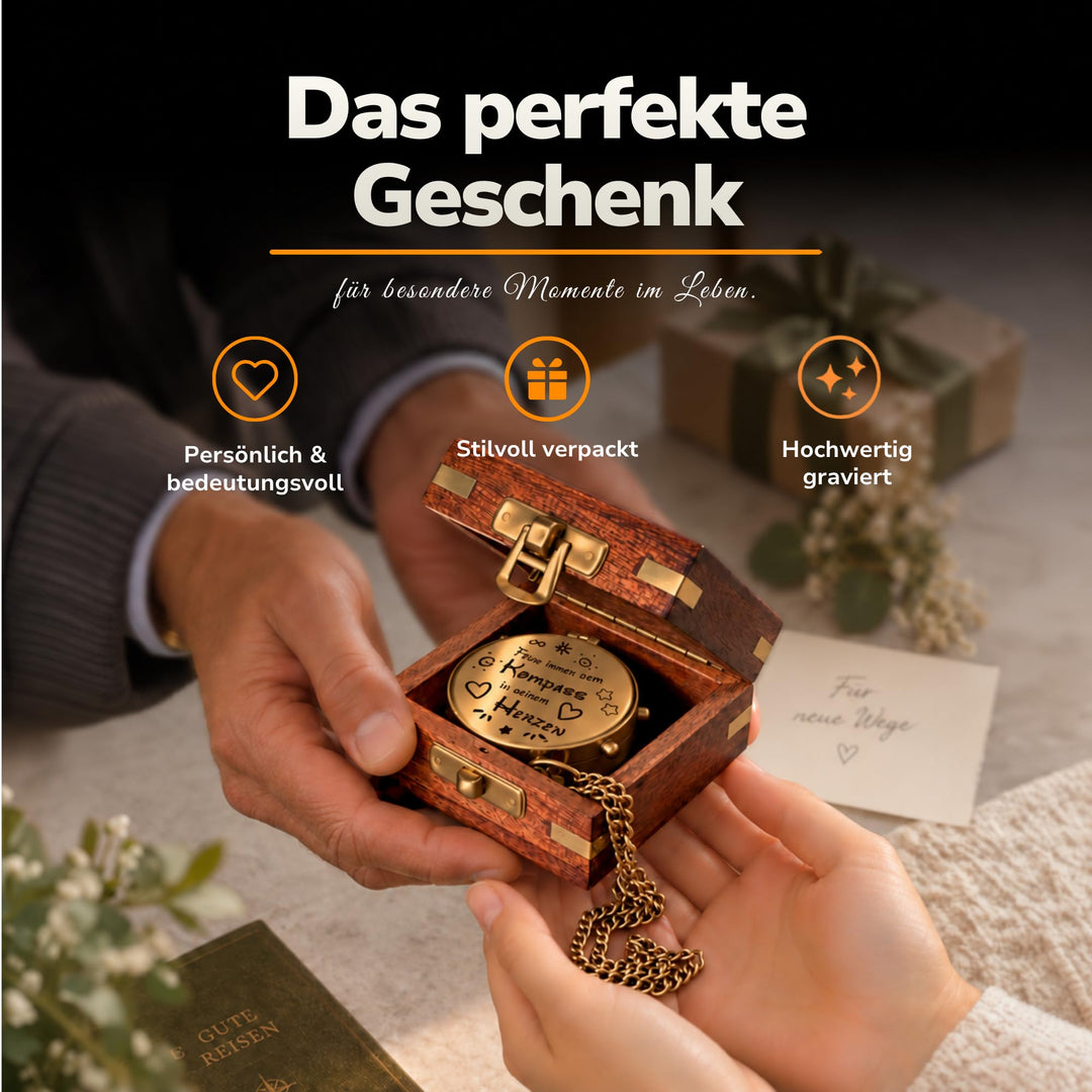 Kompass mit Gravur personalisiert Messing Vintage mit Kette - Bild 2