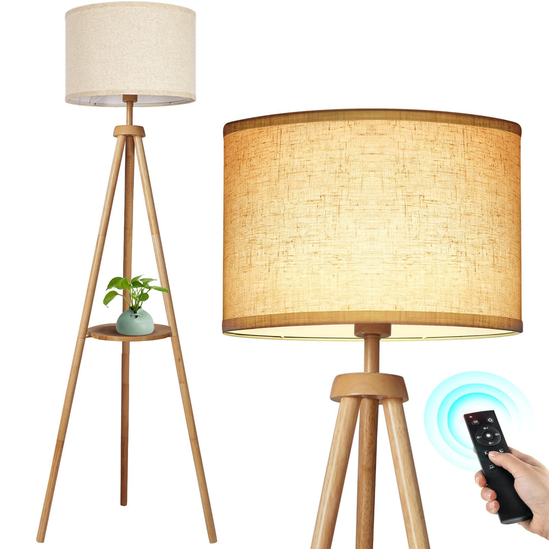 LED Stehlampe Dreibein Holz mit Regal, Fernbedienung, dimmbar
