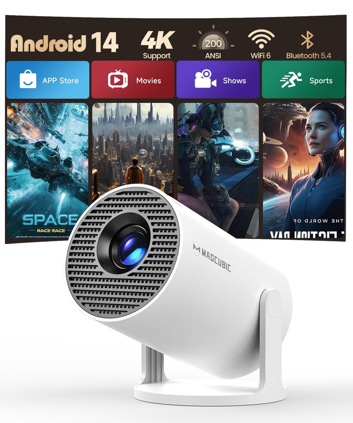 Mini Beamer 4K Android 14 WiFi 6 mit 200 Zoll und 180° drehbar