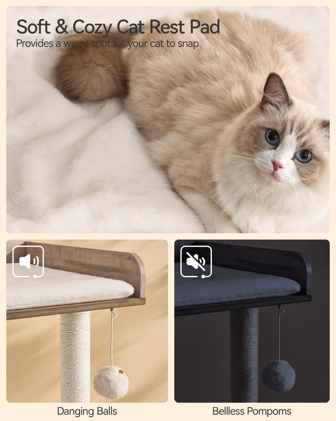 Katzenbaum 111cm Greige mit Kratzsäulen für grosse Katzen - Bild 7