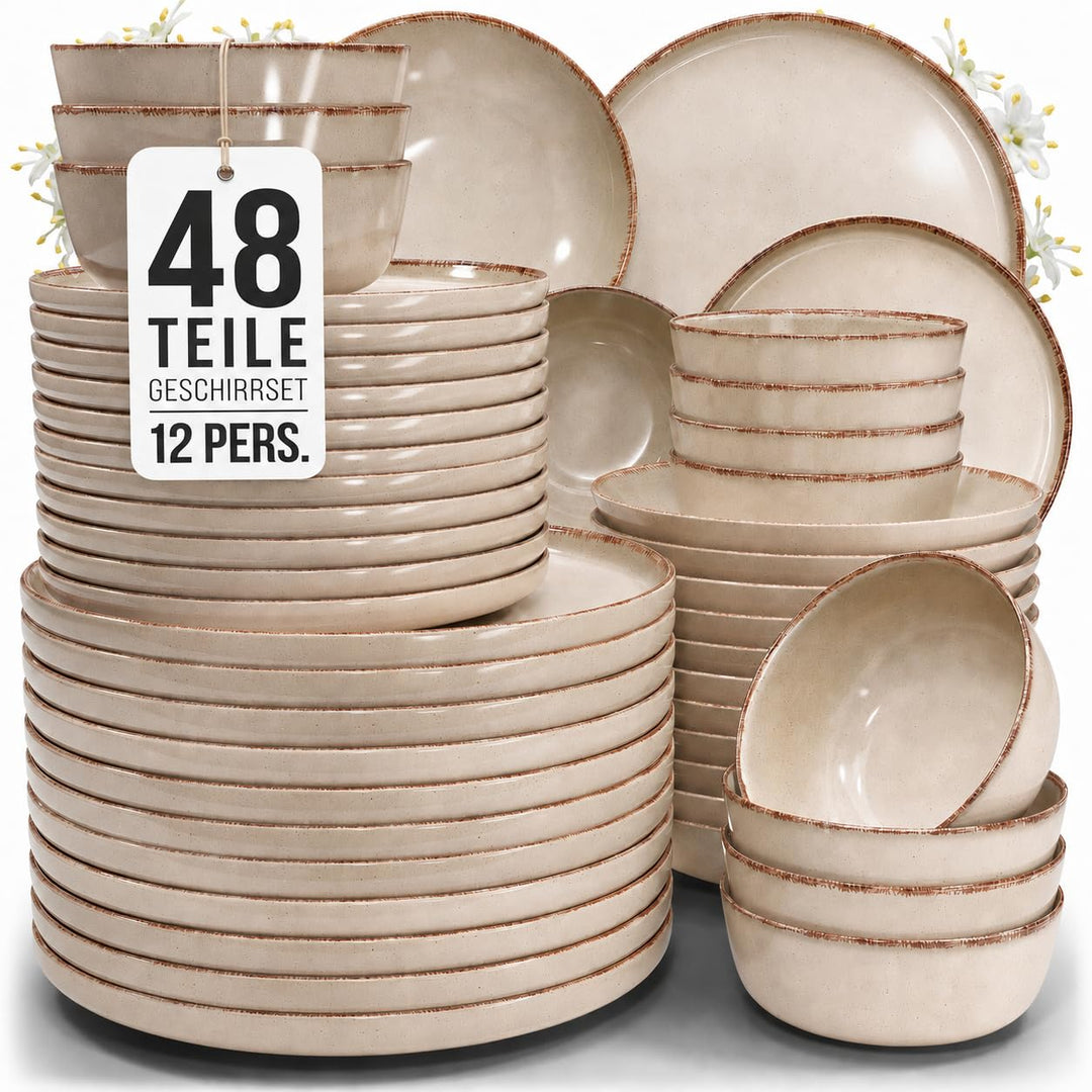 Steingut Geschirrset 48-tlg. für 12 Personen Landhaus-Stil Beige