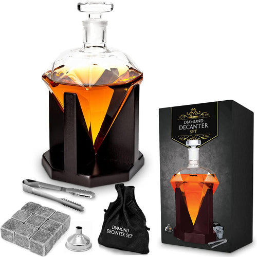 Whisky-Dekanter Diamantform 850 ml Glas mit Holzsockel und Zubehör