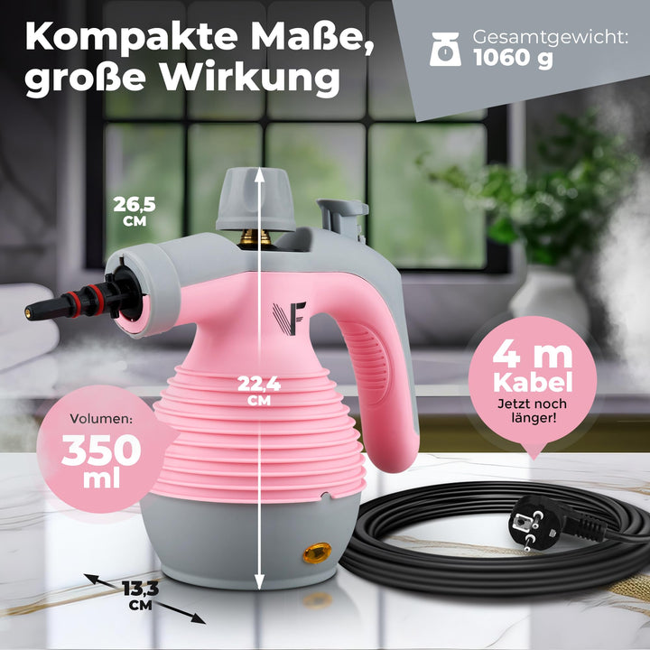 Handdampfreiniger Rosa 350ml Tank mit Dampfregulierung &amp; Aufsätzen - Bild 2
